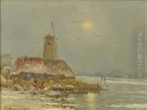 Winterlandschaft In Holland Mit Zugefrore- Nem Kanal by Johann II Jungblut