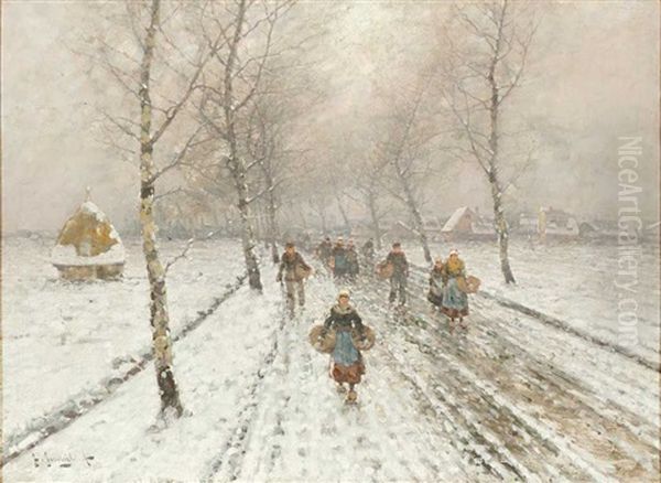 Meisterliche Schilderung Einer Schneebedeckten Birkenallee Mit Zahlreichen Passanten - view 1