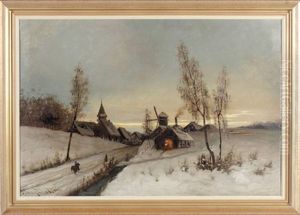 Winterliche Dorfstrase Beim Schein Der Untergehenden Sonne by Johann II Jungblut