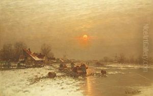 Romantische Hollandische Winterlandschaft In Abendsonne Am Fluslauf by Johann II Jungblut