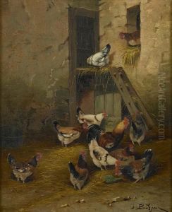 A Barnyard Scene With Chickens by Jules Bathieu