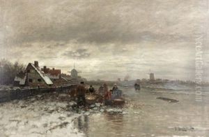 Winterlicher Fischmarkt Am Zugefroreren Fluss by Johann II Jungblut