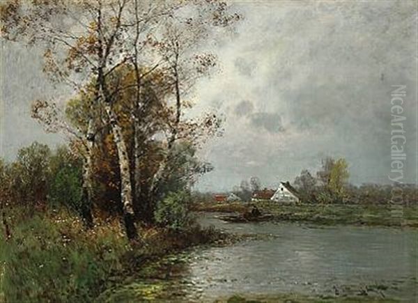 Landscape With Birch Trees By A Lakeshore And Two Men In A Boat - view 1
