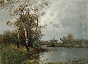 Landscape With Birch Trees By A Lakeshore And Two Men In A Boat