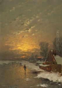 Coastal Landscape In The Evening; Ice Fishing (pair) by Johann II Jungblut