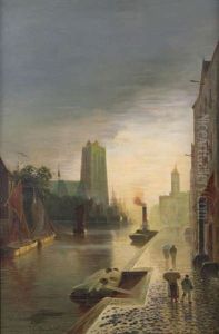 Figures Au Quai En Ville Avec Eglise A L'arriere-plan