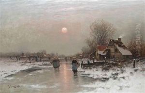 Dutch Peasants On A Frozen Waterway At Sundown by Johann II Jungblut