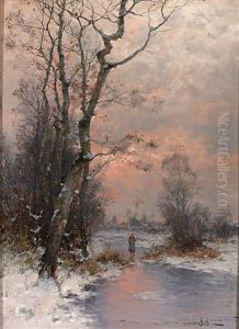 Winterliche Landschaft Mit Zugefrorenem Altwasser Und Figurenstaffage