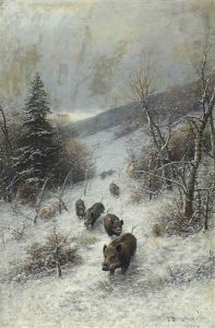 A Herd Of Boars Running Through The Woods In The Snow by Johann II Jungblut