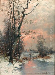Landschaft Mit Zugefrorenem Bachlauf Und Alter Frau Im Abendrot