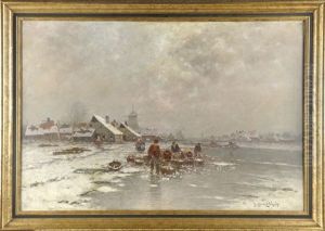 Fischersfrauen Auf Dem Eis In Winterlandschaft Mit Siedlung Und Muhlen Im Hintergrund by Johann II Jungblut