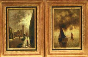Winterlicher Binnenhafen (+ Beladene Segelkahne Auf Ruhiger See; Pair) by Johann II Jungblut