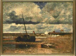Nordseekuste Mit Mole Und Am Strand Liegendem Boot Nordseekuste Mit Mole Und Am Strand Liegendem Boot