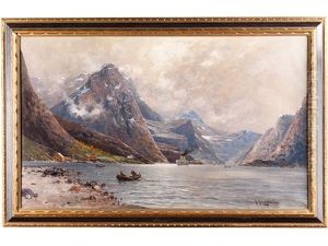 Fjordlandschaft Mit Hausern Am Ufer, Fischern Im Kahn Und Einem Rauchenden Dampfer Im Hintergrund