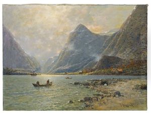Morgenstimmung In Norwegischem Fjord Mit Fischerbooten, Dampfer Und Aufragenden Bergen Uber Kleiner Siedlung