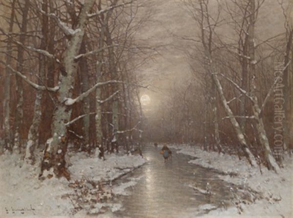 Abendliche Winterlandschaft Mit Einer Reisigsammlerin - view 1