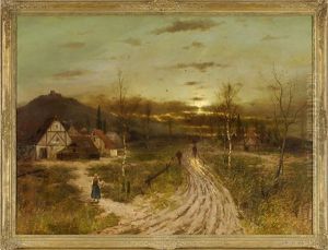 Sommerlandschaft Mit Landvolk Und Ansicht Einer Burgruine