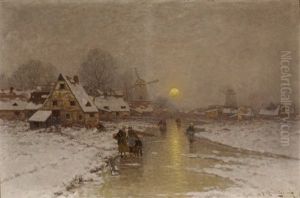 Winterliche Fluslandschaft Mit Dorfansicht Und Landvolk by Johann II Jungblut