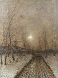 Bringing Home The Herd On A Snowy Evening by Johann II Jungblut