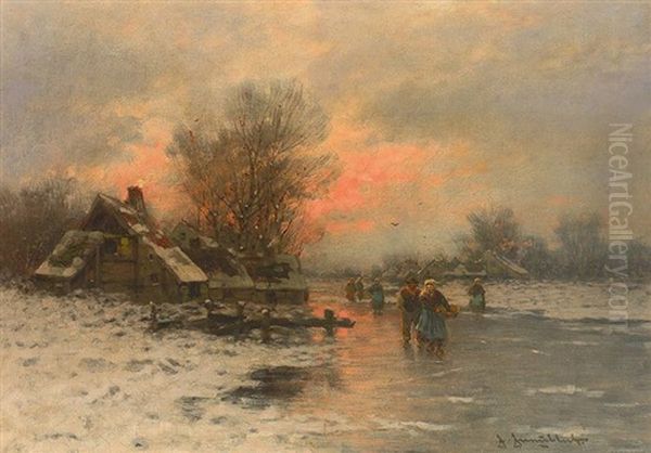 Abendliche Winterlandschaft Mit Zugefrorenem Flusslauf - view 1