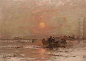 Eisfischer Verkaufen Den Fang In Der Abendsonne by Johann II Jungblut