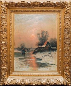 Winterlandschaft Mit Vereistem Flus Im Abendlicht