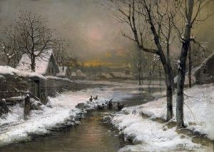 Verschneite Dorflandschaft Im Abendrot by Johann II Jungblut
