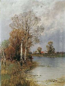 Flusslandschaft Mit Dorf Flusslandschaft Mit Dorf