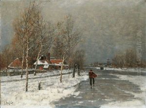 Winterlandschaft Mit Eislaufern Winterlandschaft Mit Eislaufern