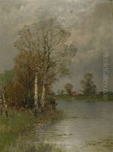 Fluslandschaft Mit Birken Und Spazierganger