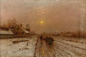 Winterabend. Bauersleute Auf Einer Dorfstrase Im Abendrot by Johann II Jungblut