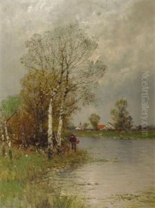 Ruhige Fluslandschaft Mit Birken Und Spazierganger