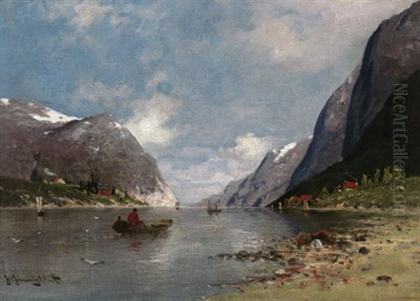 Sommer In Einem Norwegischen Fjord, Auf Dem Wasser Ein Ruderboot - view 1