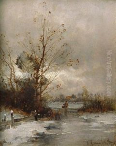 Kalter Wintertag Mit Wanderern In Verschneiter Fluslandschaft (+ Stiller Herbsttag. Blick Vom Fluslufer Auf Ein Kleines Kirchdorf; 2 Works)