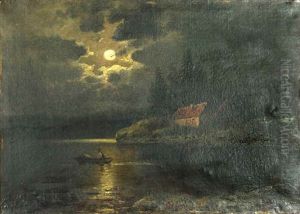 Fischer Im Kahn Auf Einem See Bei Vollmond