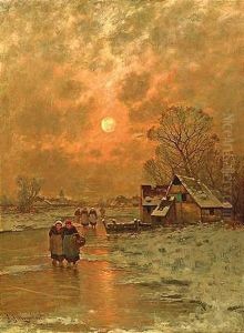 Abendliche Winterlandschaft Mit Heimkehrenden Bauern