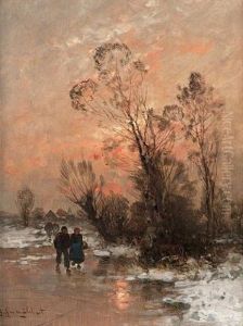 Winter Landscape With Figures On A Frozen River by Johann II Jungblut