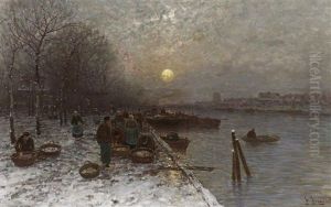 Abendlicher Markt Am Verschneiten Flusufer by Johann II Jungblut