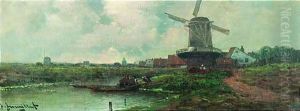 Hollandische Fluslandschaft Mit Windmuhlen by Johann II Jungblut