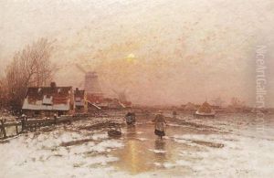 Winterabend Vor Einem Hollandischen Dorf by Johann II Jungblut