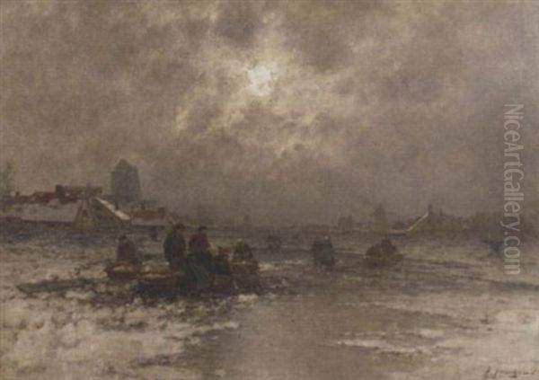Ice-fishing Outside A Village At Dusk - view 1