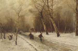 Figures On A Country Road In The Snow by Johann II Jungblut