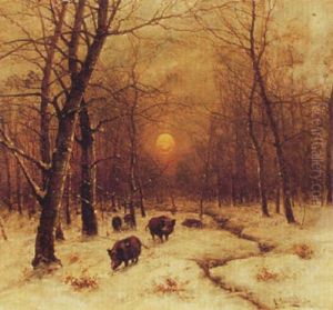 Wildschweinrotte In Verschneiten Laubwald
