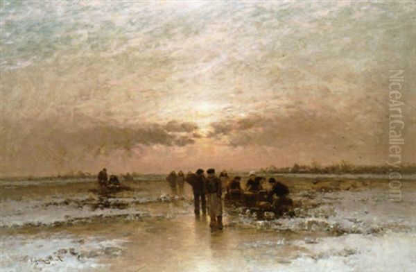 Winterlandschap Met Figuren Op Een Bevroren Rivier - view 1