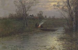 Fischer Mit Einem Nachen Am Flussufer by Johann II Jungblut