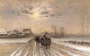 Peasants Leaving A Village In Winter by Johann II Jungblut