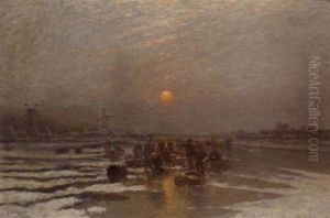 Ice Fishing At Dusk by Johann II Jungblut