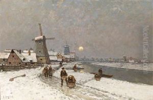 Peasants On A Path In Winter by Johann II Jungblut