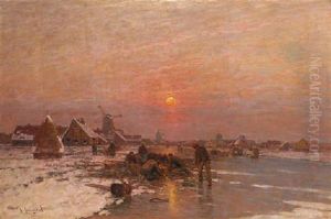 Ice Fishers On A Frozen Waterway At Dusk Ice Fishers On A Frozen Waterway At Dusk