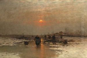 Ice Fishing At Dusk by Johann II Jungblut